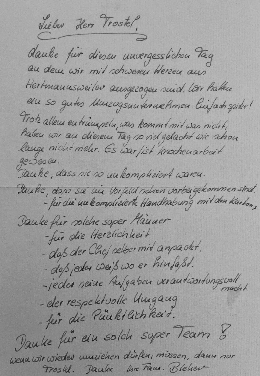 Handschriftlicher Kundenbrief an Herrn Trostel – Danke für ein solch super Team!